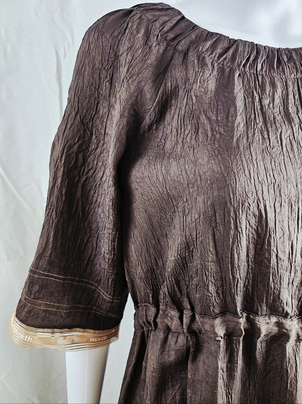 Korean Brand Brown Crinkled Peasant Waist Dress